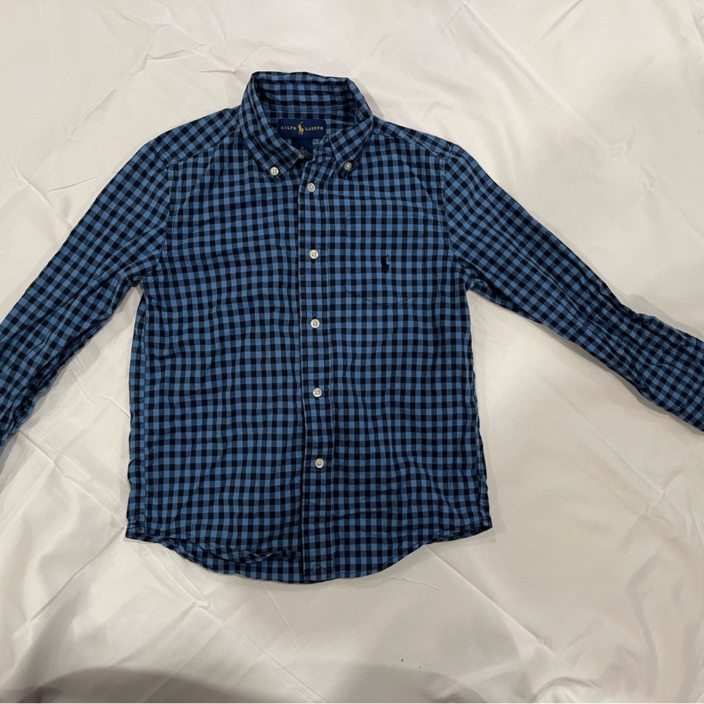 Polo by Ralph Lauren button up. Blue & Black. Plaid Children sz 6. USED.